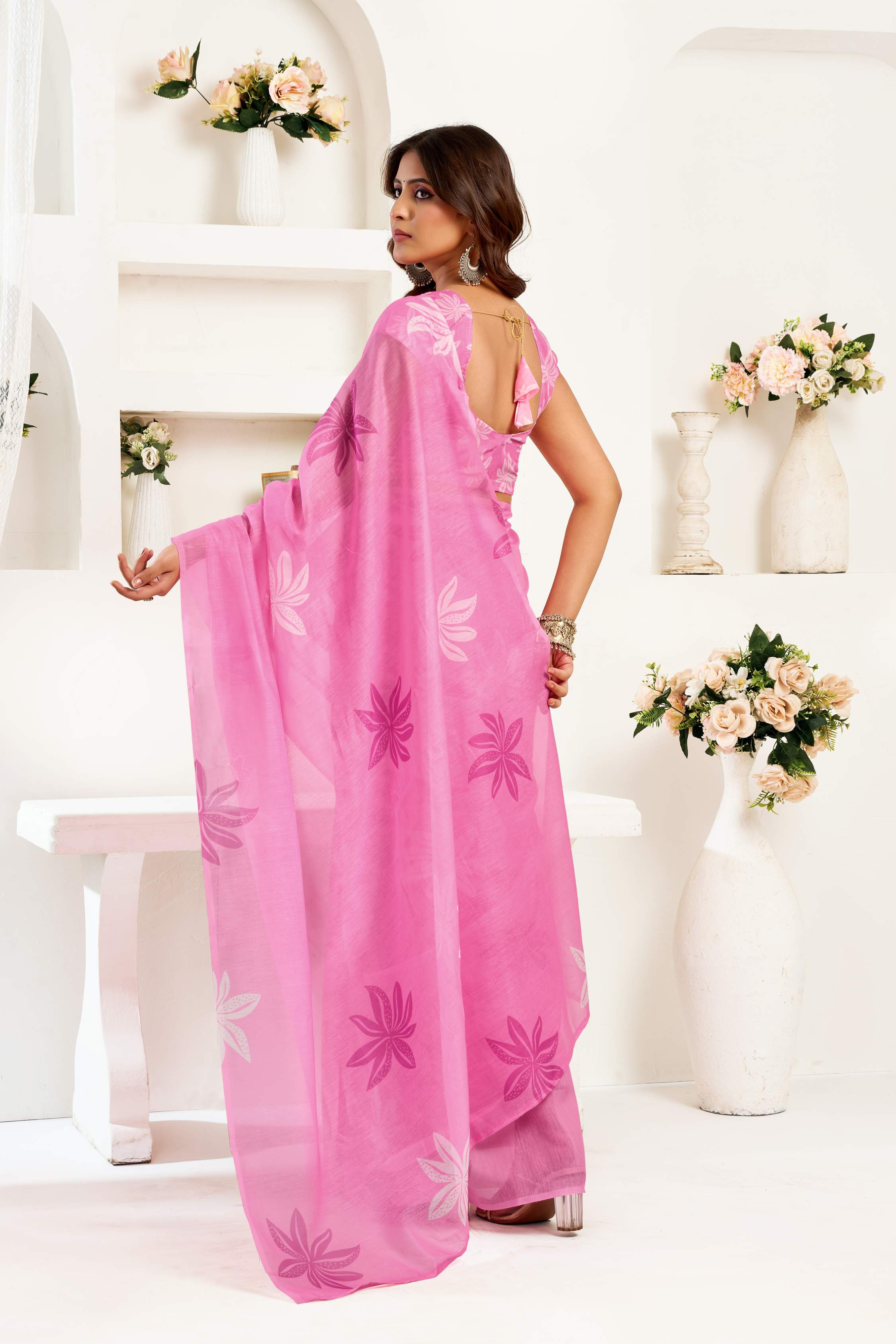 Dwija Fashion Pink Party Wear Printed Linen Ready To Wear Saree With Unstitched Blouse | Grocsy