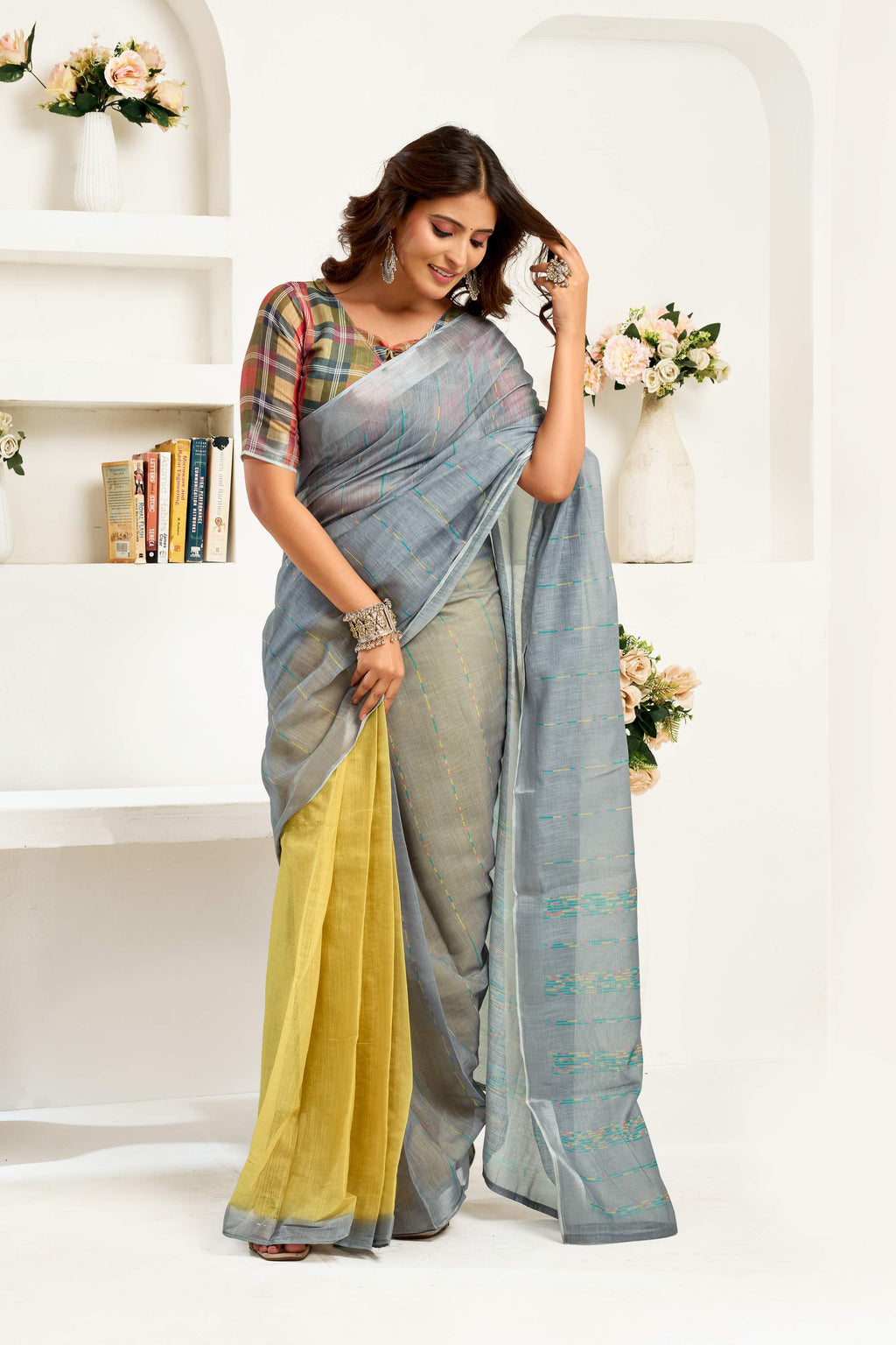 Dwija Fashion Grey Party Wear Printed Linen Ready To Wear Saree With Unstitched Blouse | Grocsy
