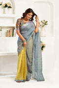 Dwija Fashion Grey Party Wear Printed Linen Ready To Wear Saree With Unstitched Blouse | Grocsy