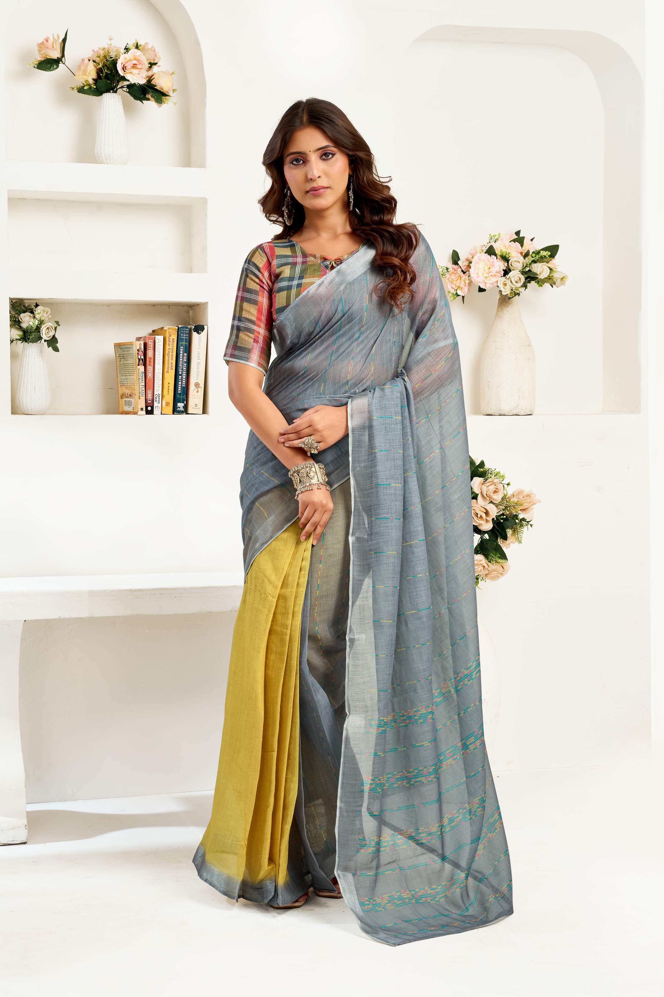 Dwija Fashion Grey Party Wear Printed Linen Ready To Wear Saree With Unstitched Blouse | Grocsy