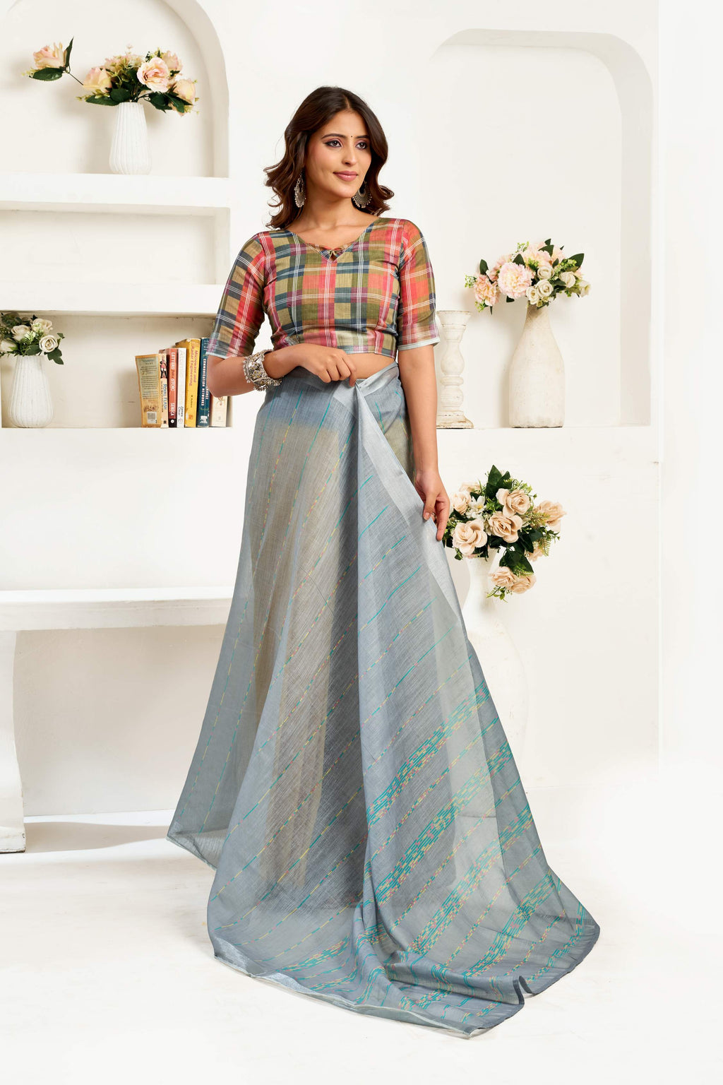 Dwija Fashion Grey Party Wear Printed Linen Ready To Wear Saree With Unstitched Blouse | Grocsy