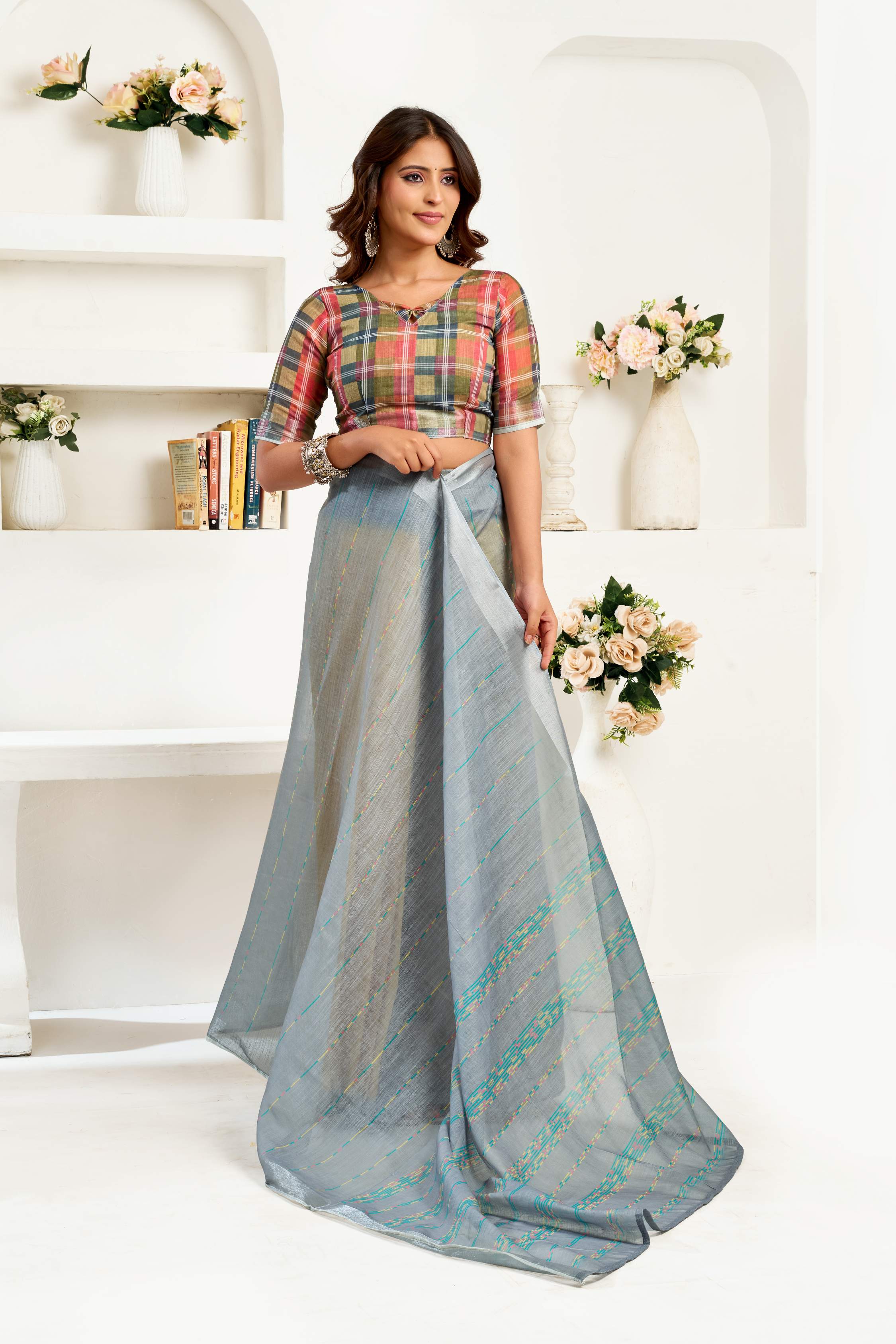 Dwija Fashion Grey Party Wear Printed Linen Ready To Wear Saree With Unstitched Blouse | Grocsy
