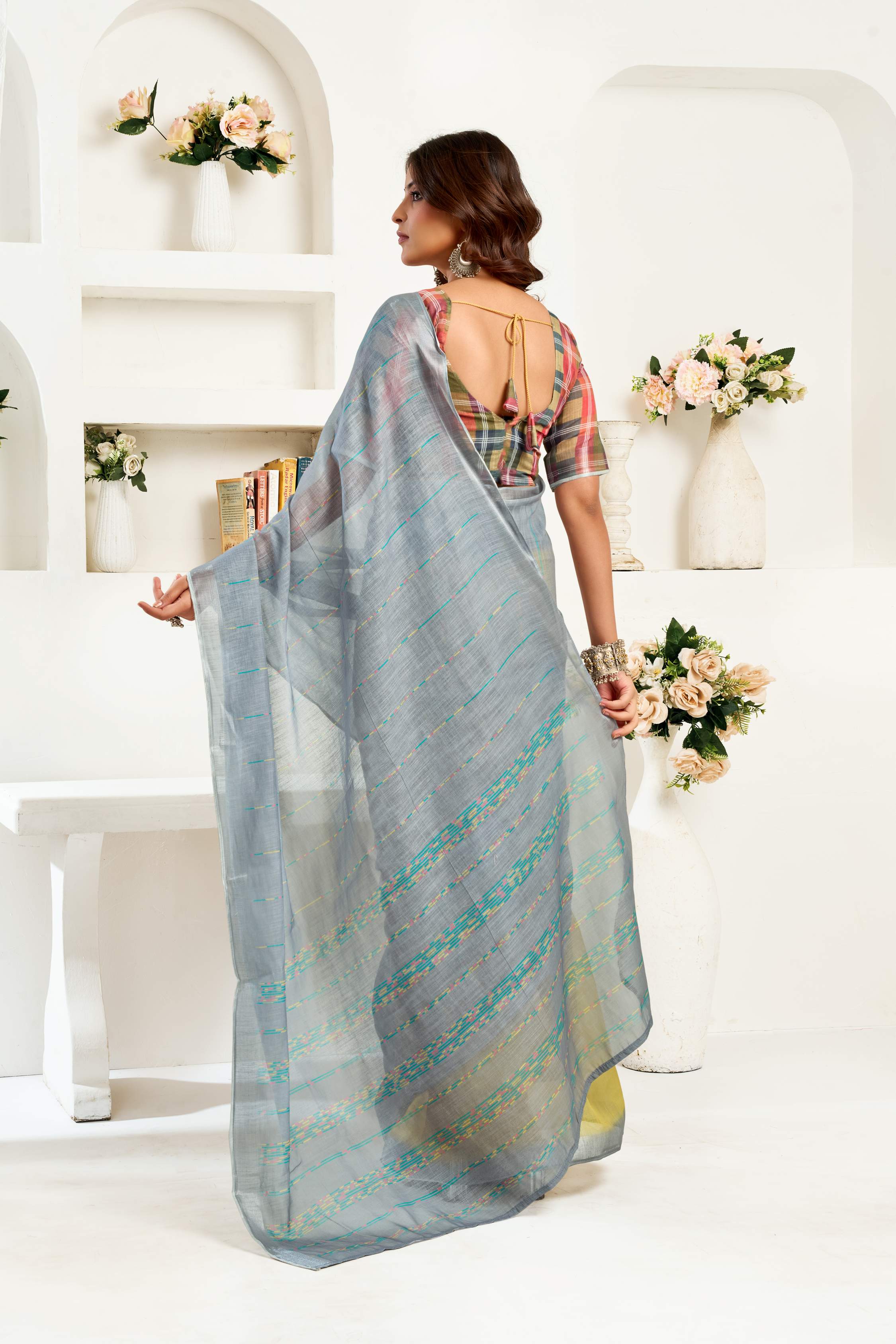 Dwija Fashion Grey Party Wear Printed Linen Ready To Wear Saree With Unstitched Blouse | Grocsy