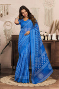 Dwija Fashion Blue Party Wear Printed Linen Ready To Wear Saree With Unstitched Blouse | Grocsy