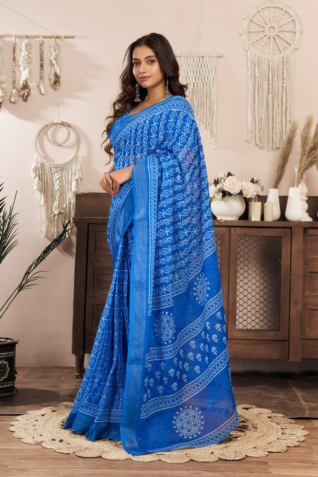 Dwija Fashion Blue Party Wear Printed Linen Ready To Wear Saree With Unstitched Blouse | Grocsy