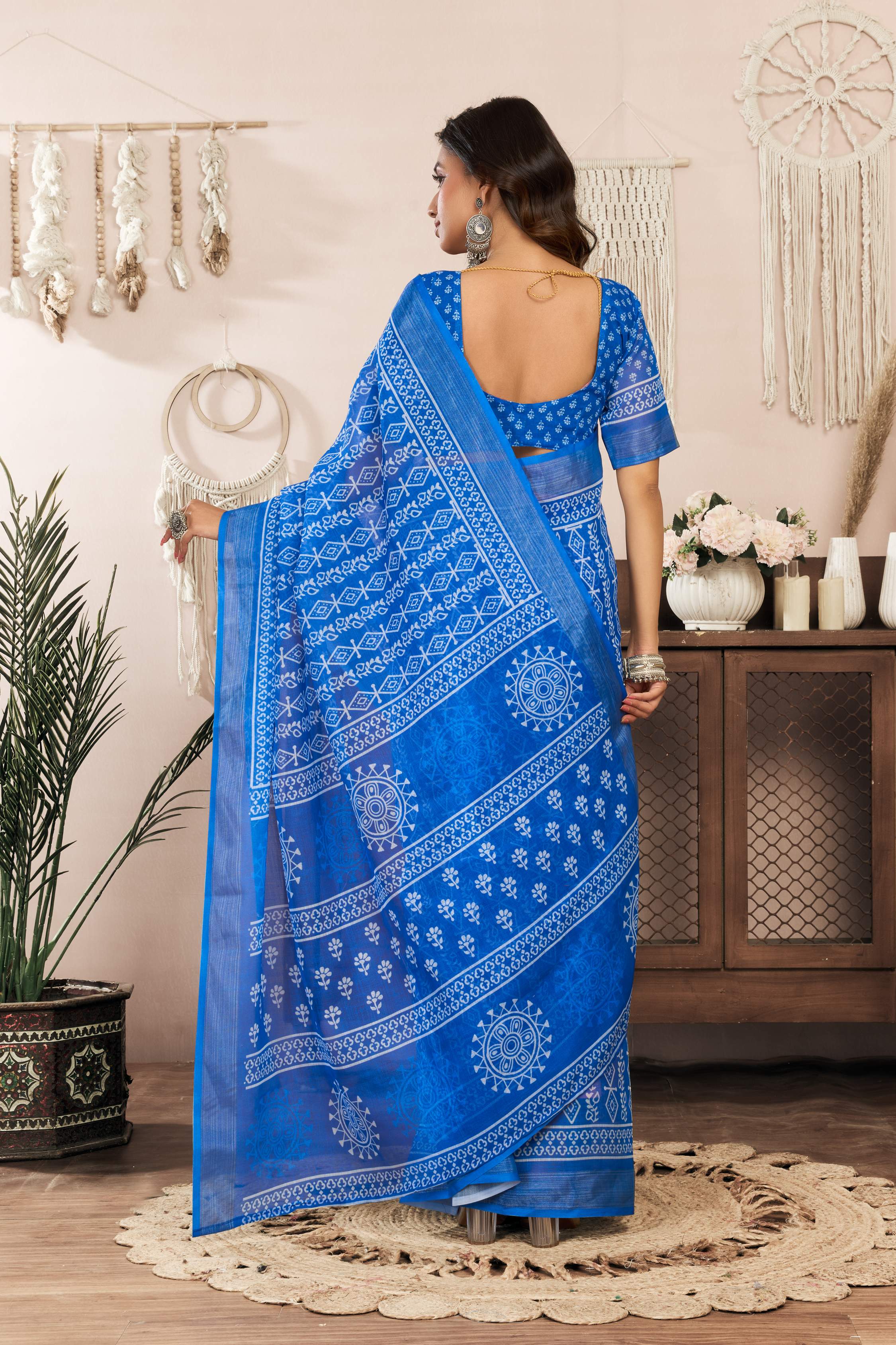 Dwija Fashion Blue Party Wear Printed Linen Ready To Wear Saree With Unstitched Blouse | Grocsy