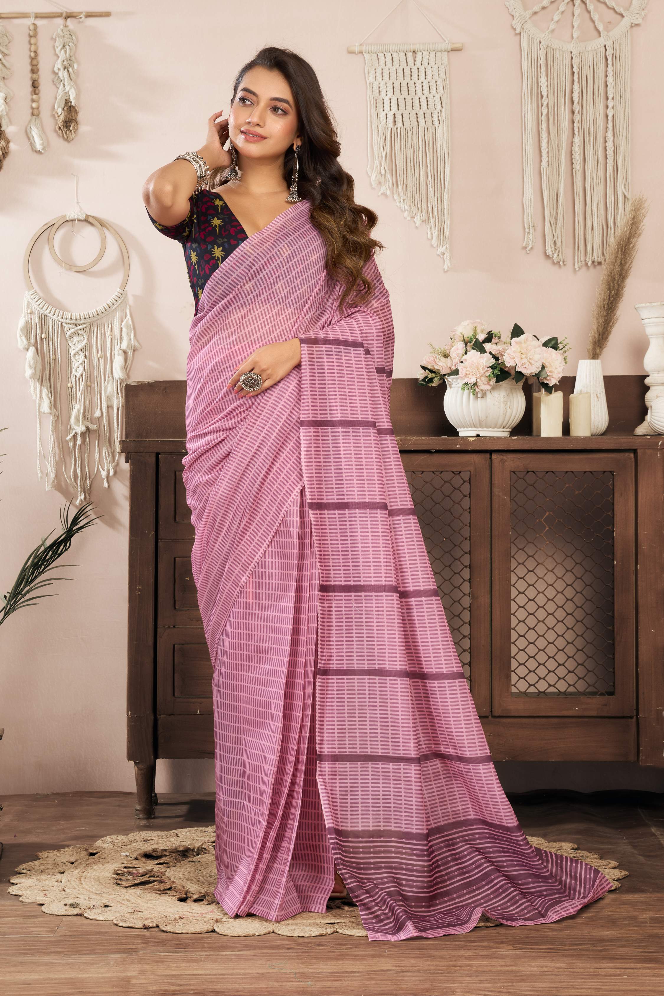 Dwija Fashion Powder Pink Party Wear Printed Linen Ready To Wear Saree With Unstitched Blouse | Grocsy