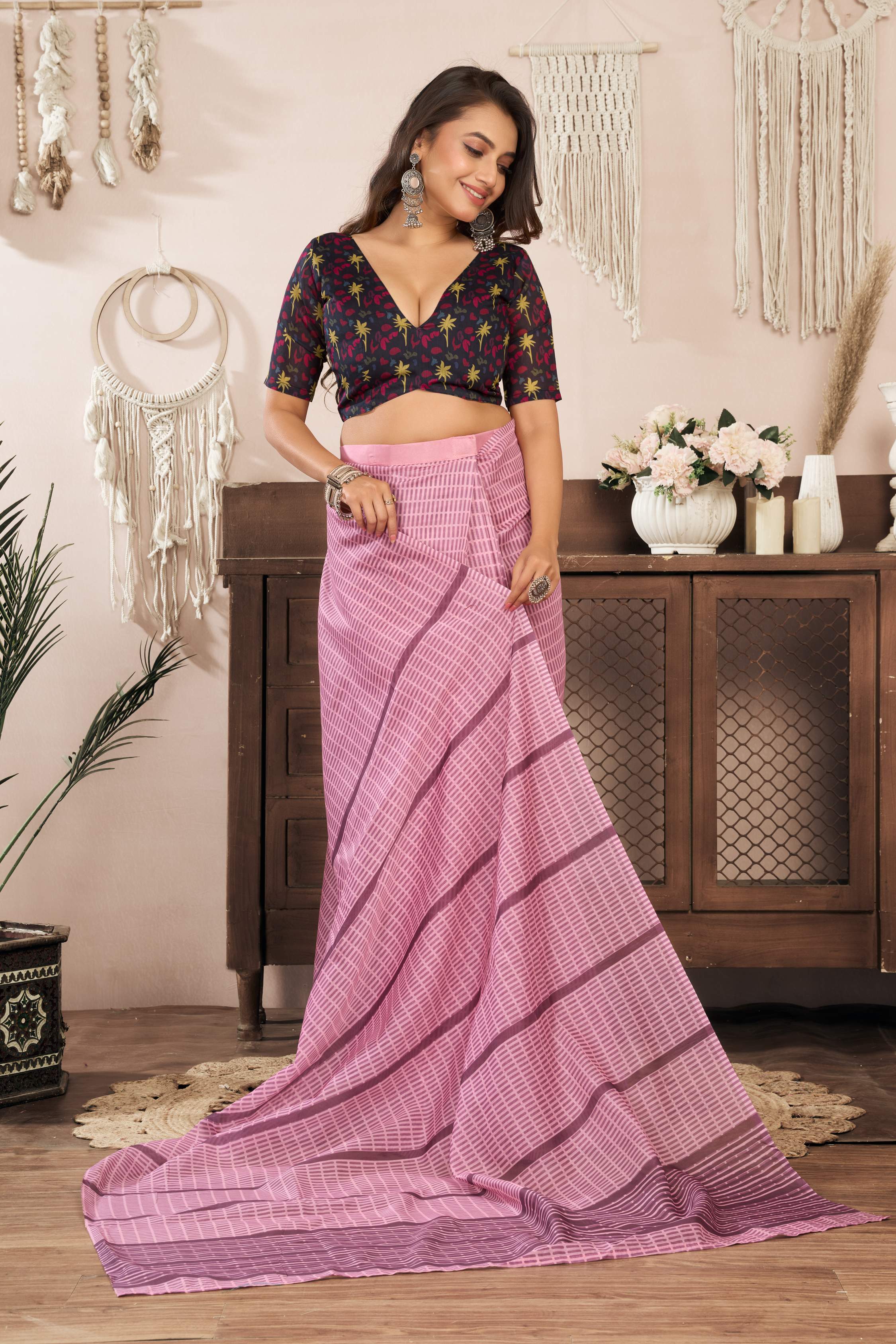 Dwija Fashion Powder Pink Party Wear Printed Linen Ready To Wear Saree With Unstitched Blouse | Grocsy