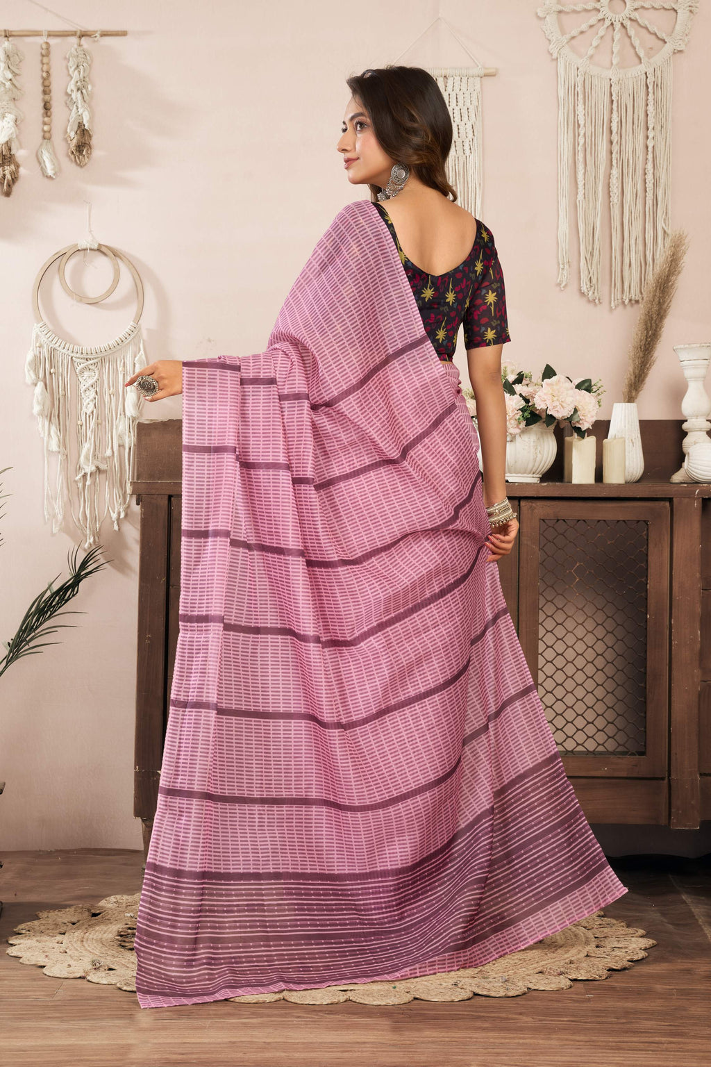 Dwija Fashion Powder Pink Party Wear Printed Linen Ready To Wear Saree With Unstitched Blouse | Grocsy