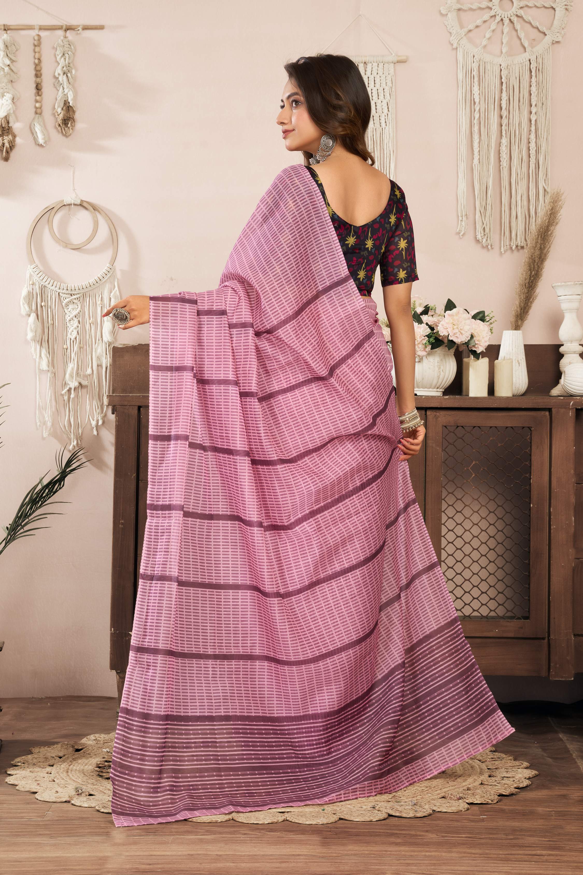 Dwija Fashion Powder Pink Party Wear Printed Linen Ready To Wear Saree With Unstitched Blouse | Grocsy