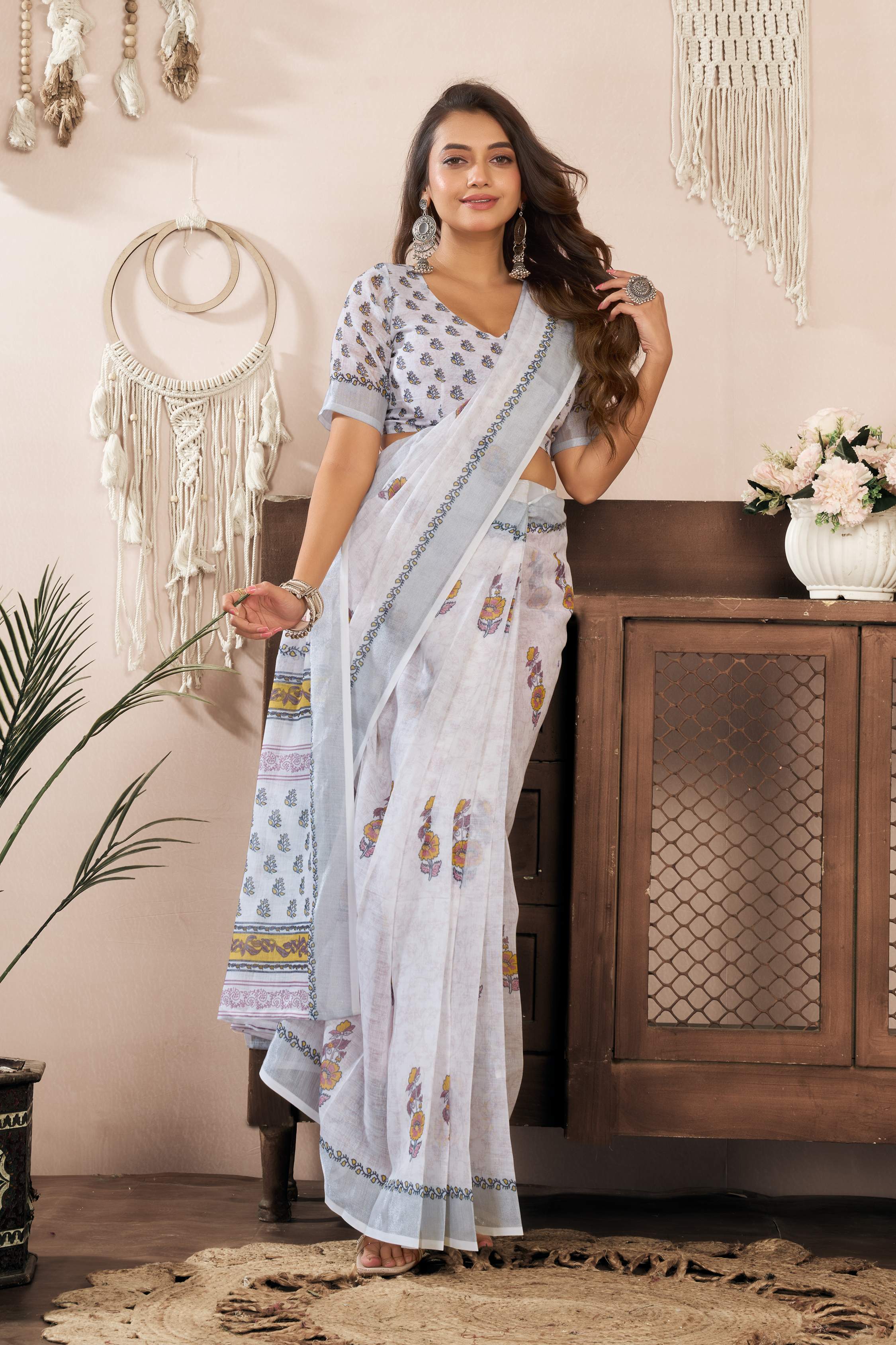 Dwija Fashion White Party Wear Printed Linen Ready To Wear Saree With Unstitched Blouse | Grocsy