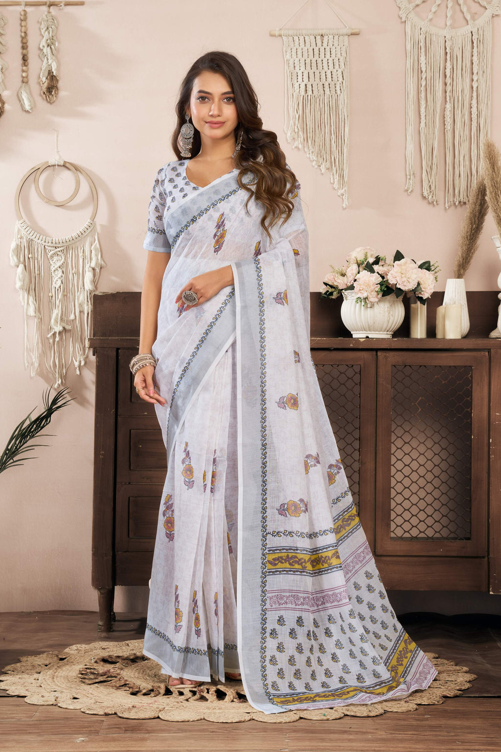 Dwija Fashion White Party Wear Printed Linen Ready To Wear Saree With Unstitched Blouse | Grocsy