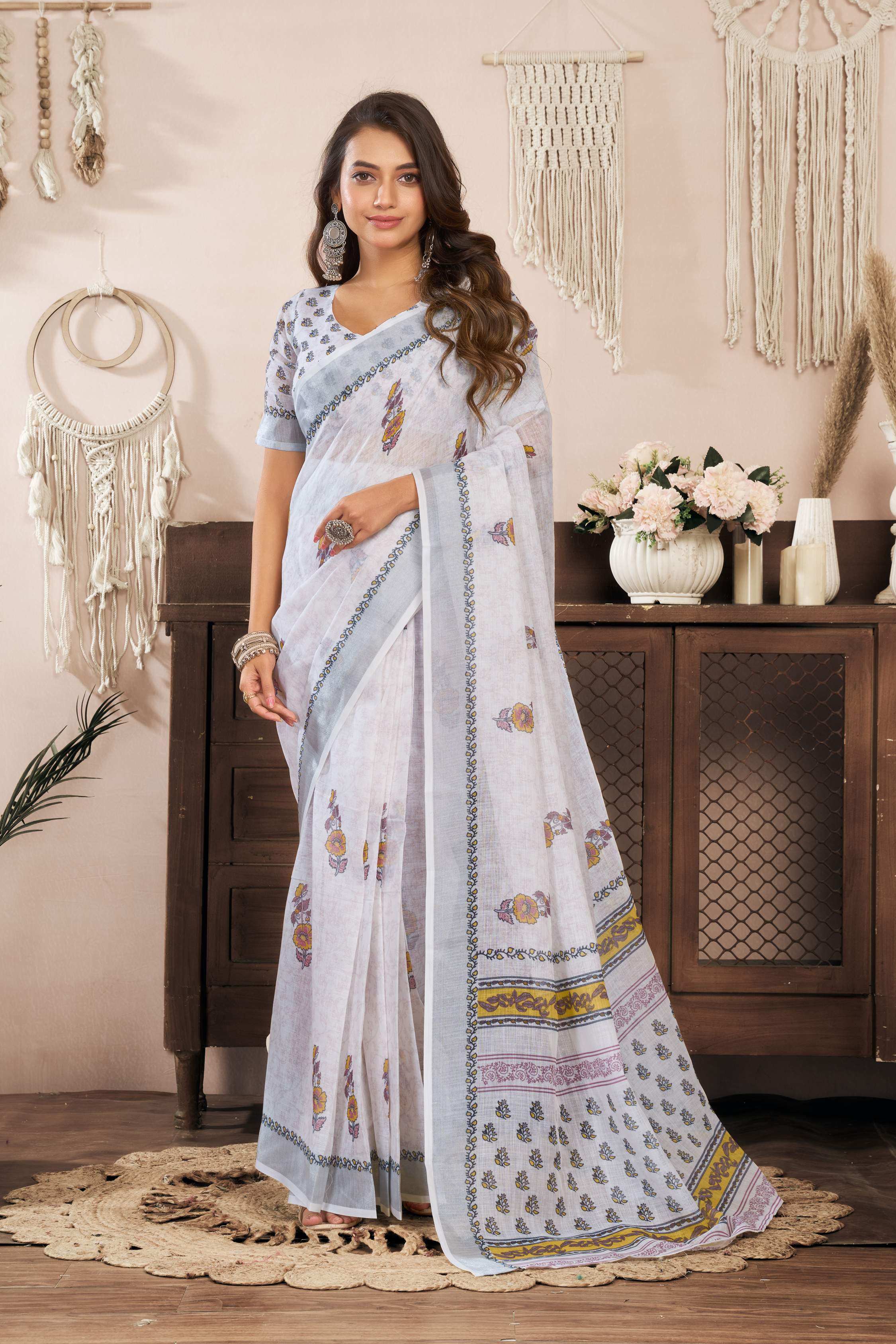 Dwija Fashion White Party Wear Printed Linen Ready To Wear Saree With Unstitched Blouse | Grocsy