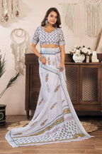 Dwija Fashion White Party Wear Printed Linen Ready To Wear Saree With Unstitched Blouse | Grocsy