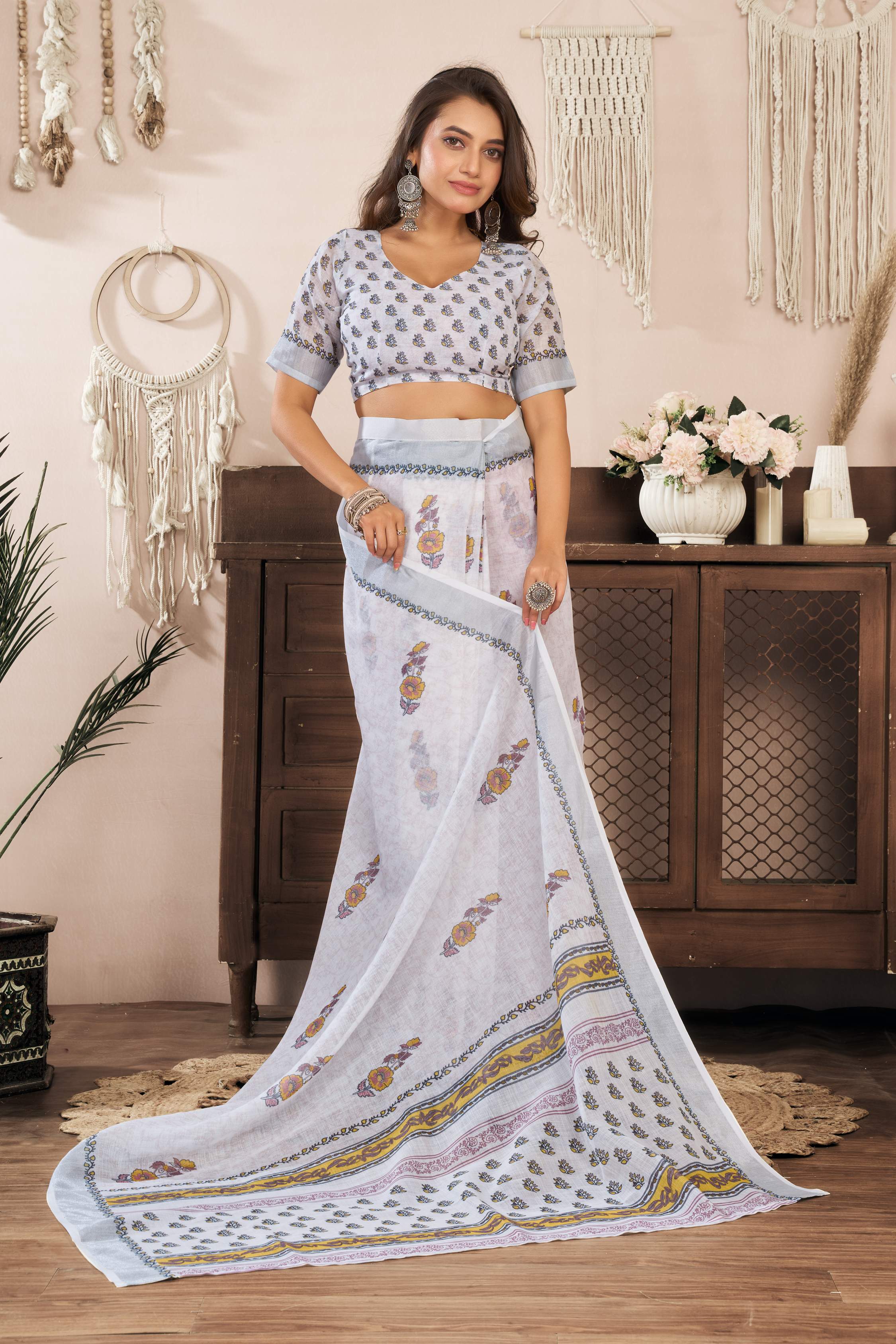 Dwija Fashion White Party Wear Printed Linen Ready To Wear Saree With Unstitched Blouse | Grocsy
