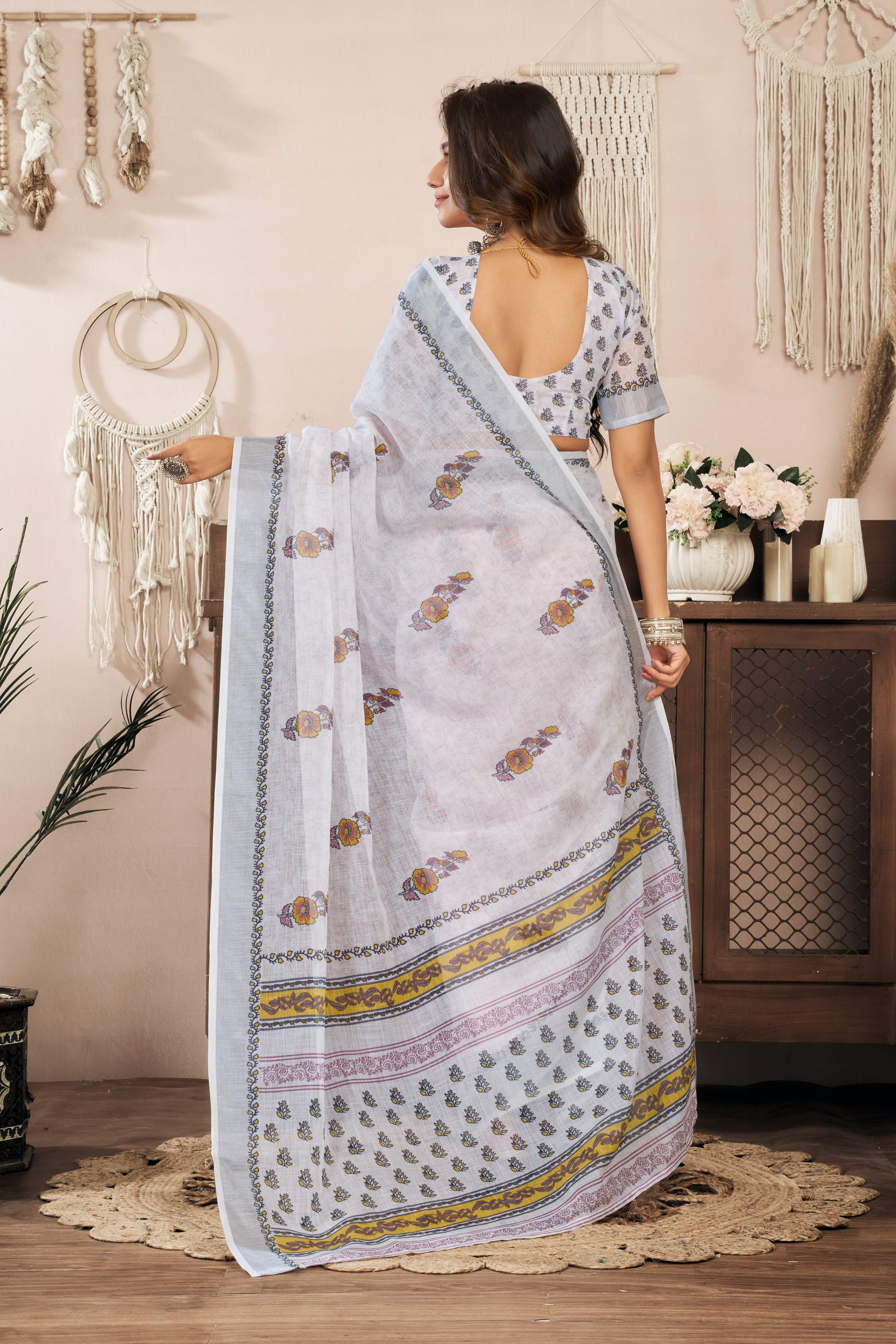 Dwija Fashion White Party Wear Printed Linen Ready To Wear Saree With Unstitched Blouse | Grocsy