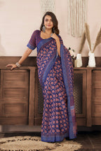 Dwija Fashion Blue Party Wear Printed Linen Ready To Wear Saree With Unstitched Blouse | Grocsy