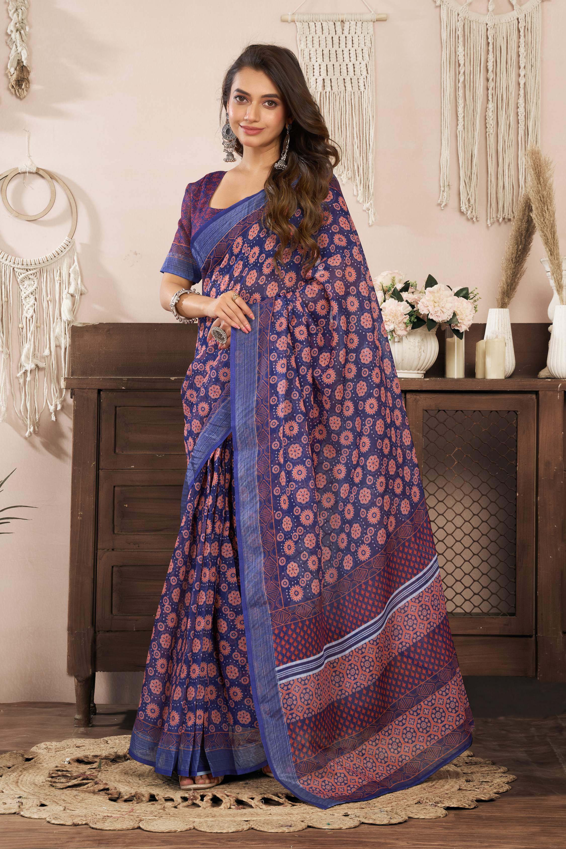 Dwija Fashion Blue Party Wear Printed Linen Ready To Wear Saree With Unstitched Blouse | Grocsy