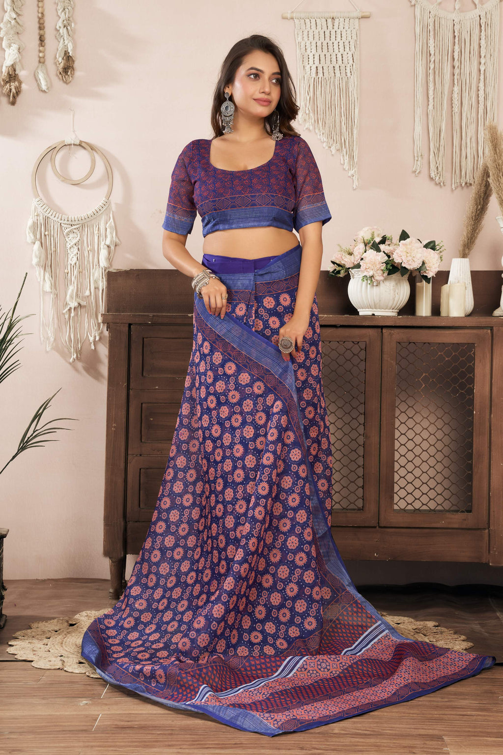 Dwija Fashion Blue Party Wear Printed Linen Ready To Wear Saree With Unstitched Blouse | Grocsy