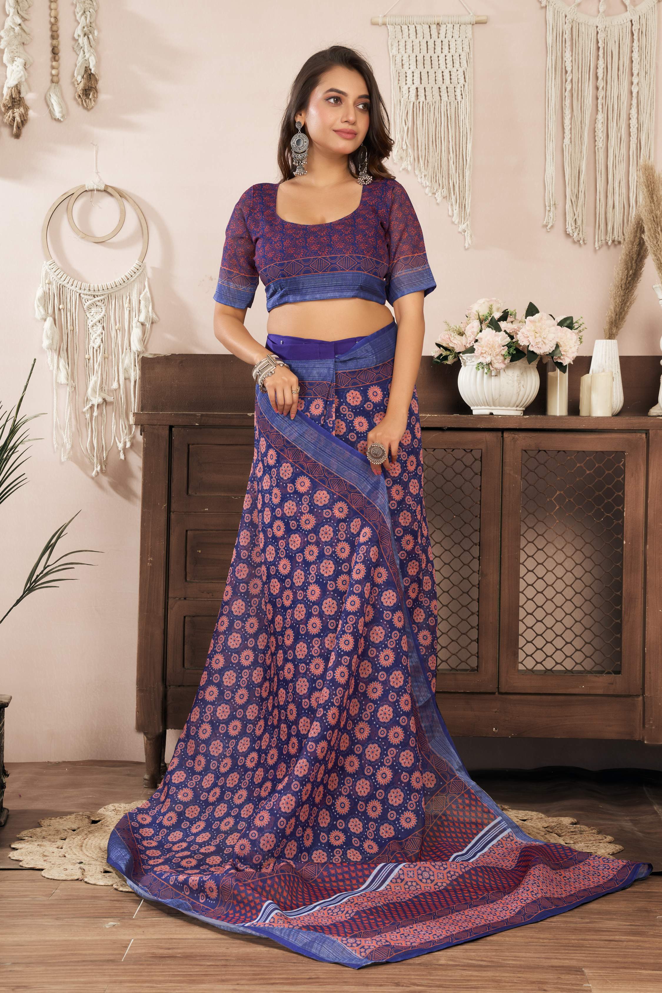 Dwija Fashion Blue Party Wear Printed Linen Ready To Wear Saree With Unstitched Blouse | Grocsy