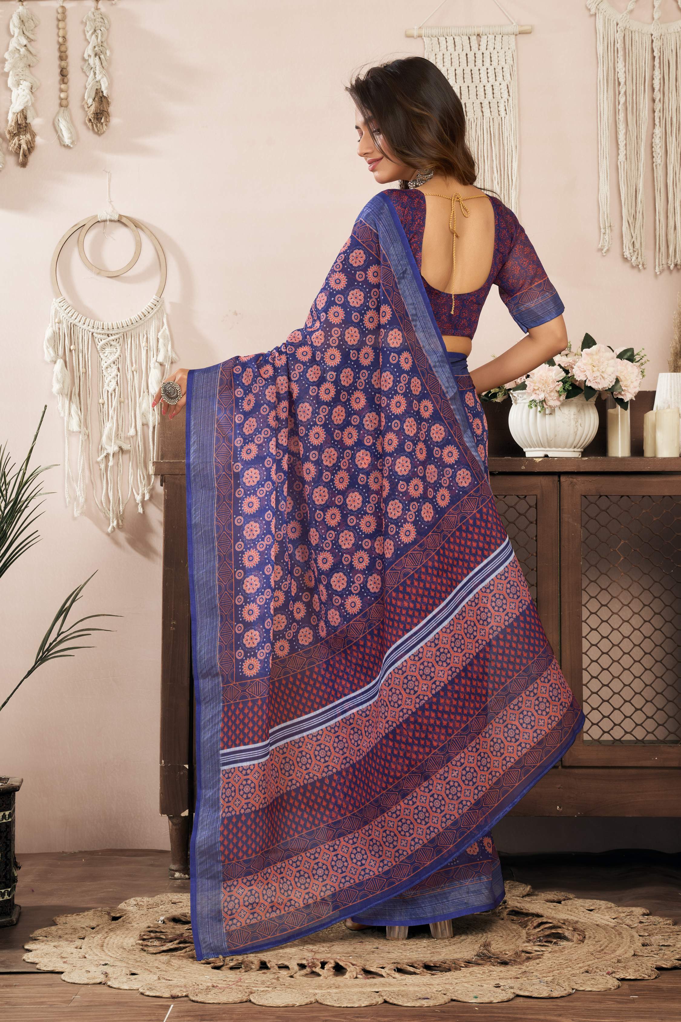 Dwija Fashion Blue Party Wear Printed Linen Ready To Wear Saree With Unstitched Blouse | Grocsy