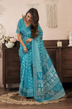 Dwija Fashion Turquoise Blue Party Wear Printed Linen Ready To Wear Saree With Unstitched Blouse | Grocsy