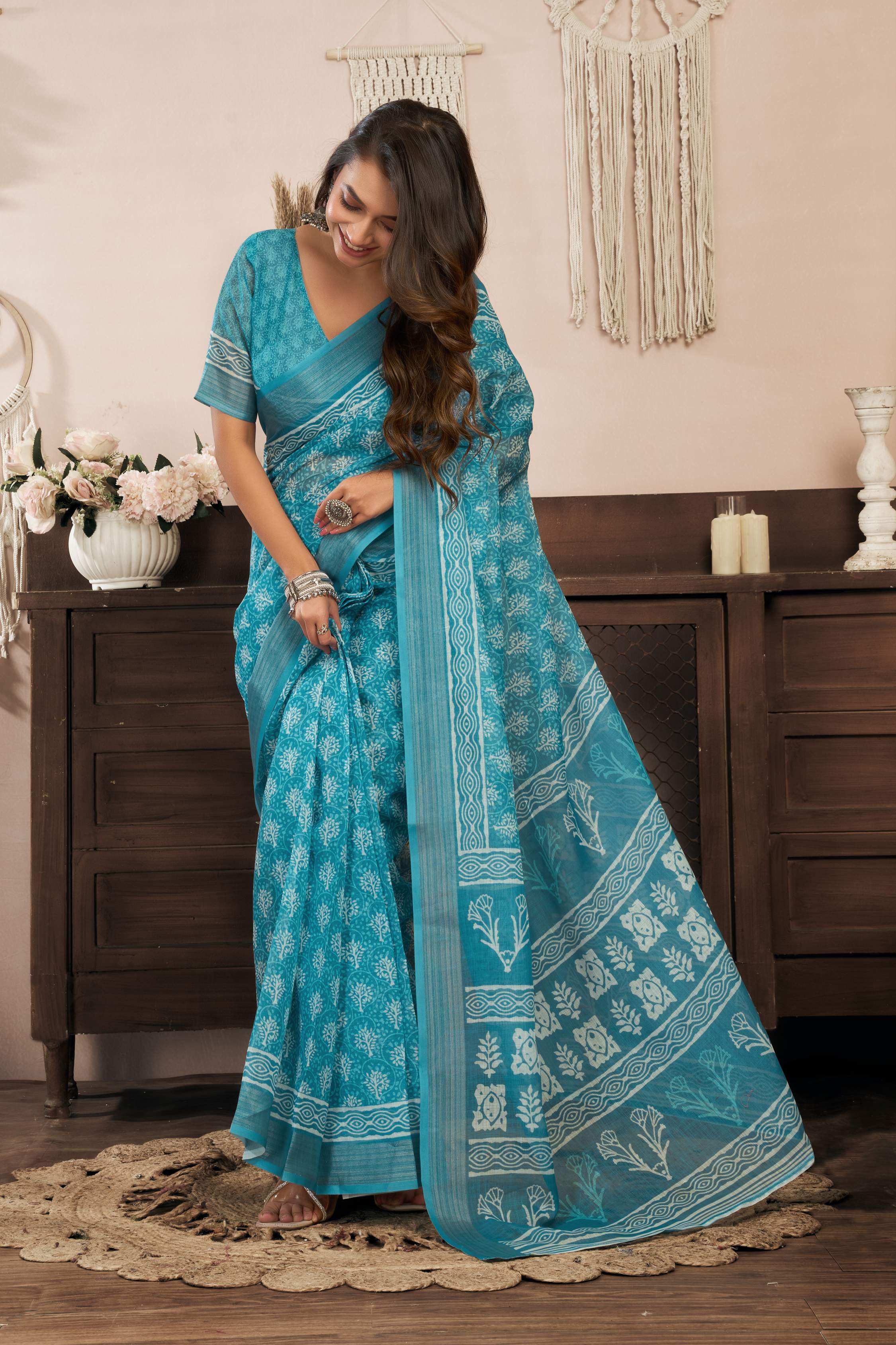 Dwija Fashion Turquoise Blue Party Wear Printed Linen Ready To Wear Saree With Unstitched Blouse | Grocsy