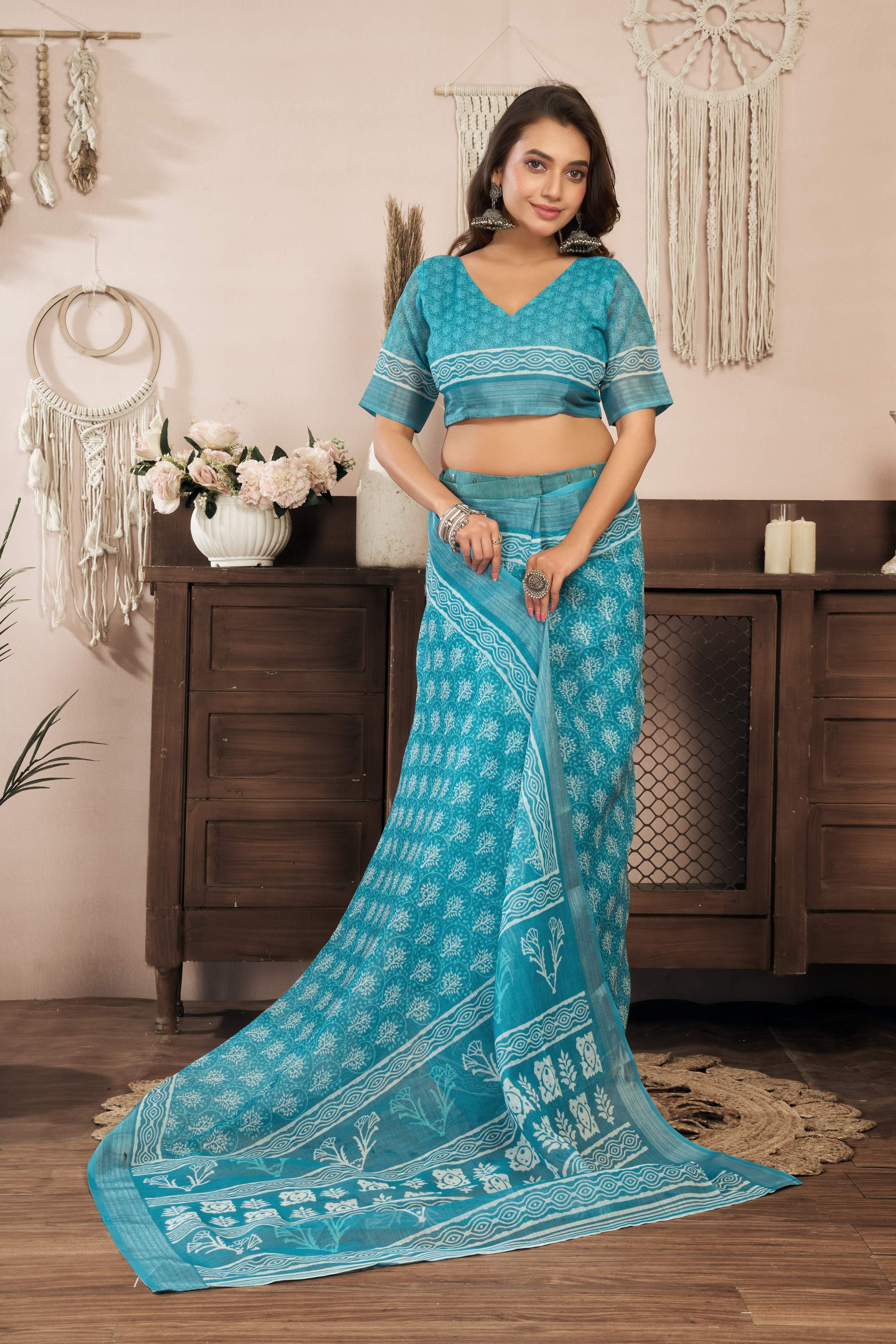 Dwija Fashion Turquoise Blue Party Wear Printed Linen Ready To Wear Saree With Unstitched Blouse | Grocsy