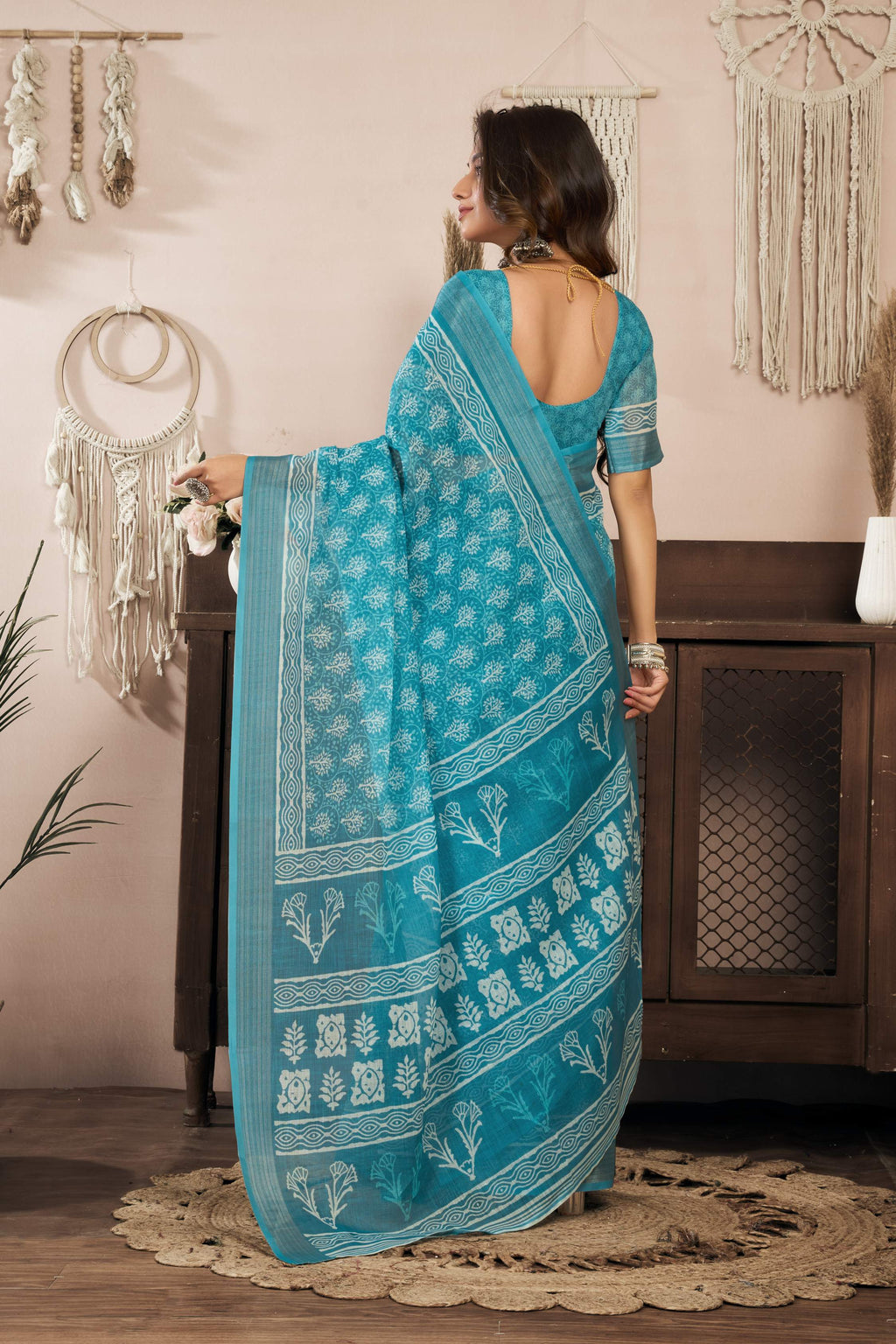 Dwija Fashion Turquoise Blue Party Wear Printed Linen Ready To Wear Saree With Unstitched Blouse | Grocsy
