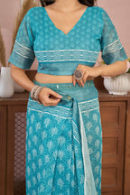 Dwija Fashion Turquoise Blue Party Wear Printed Linen Ready To Wear Saree With Unstitched Blouse | Grocsy