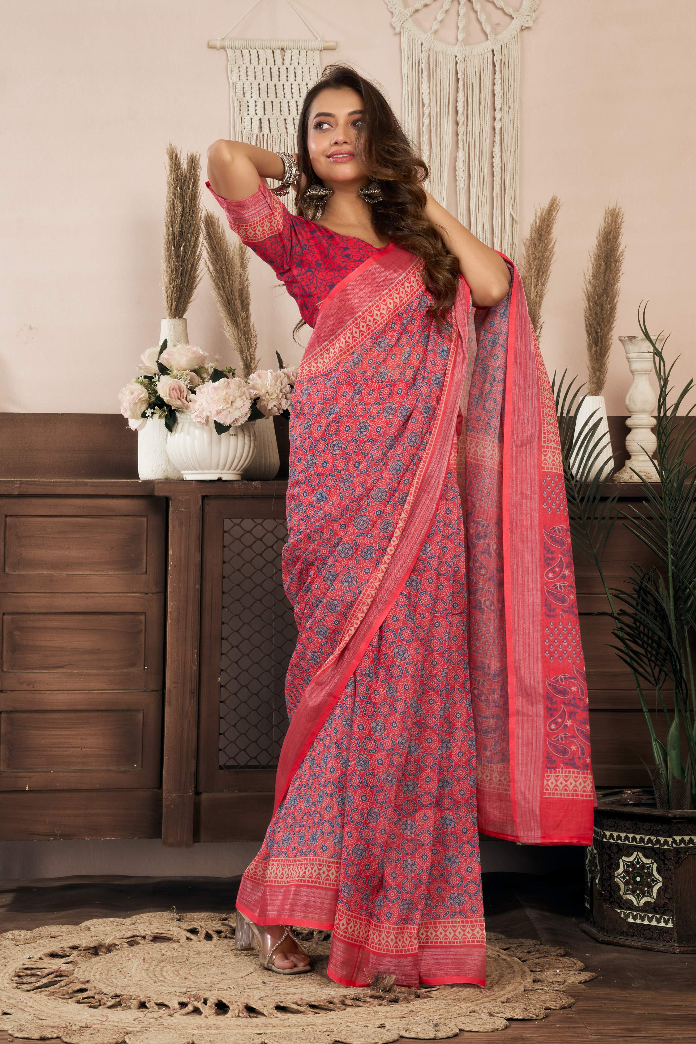 Dwija Fashion Red Party Wear Printed Linen Ready To Wear Saree With Unstitched Blouse | Grocsy