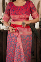 Dwija Fashion Red Party Wear Printed Linen Ready To Wear Saree With Unstitched Blouse | Grocsy