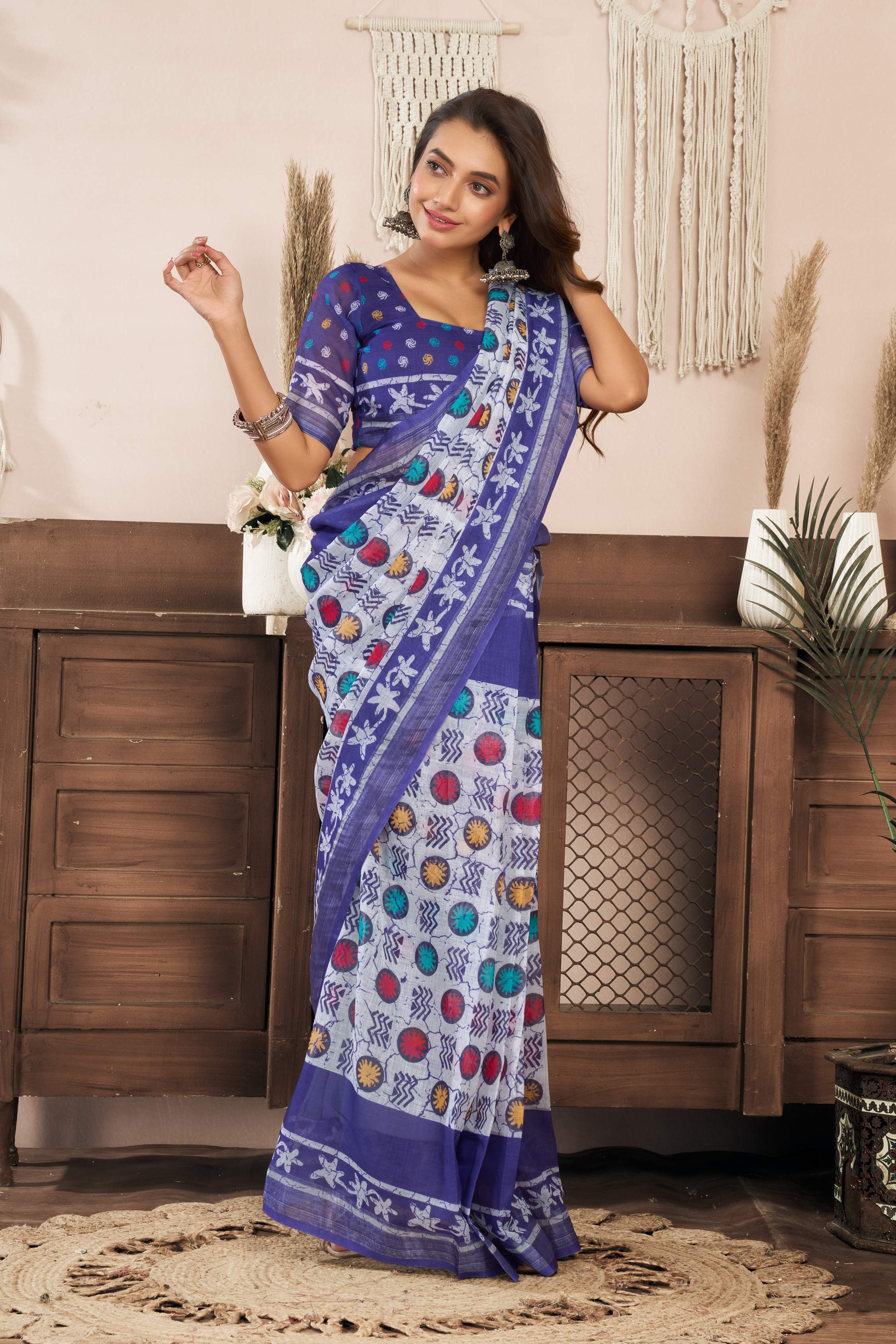 Dwija Fashion Blue Party Wear Printed Linen Ready To Wear Saree With Unstitched Blouse | Grocsy