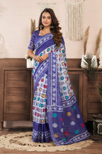 Dwija Fashion Blue Party Wear Printed Linen Ready To Wear Saree With Unstitched Blouse | Grocsy