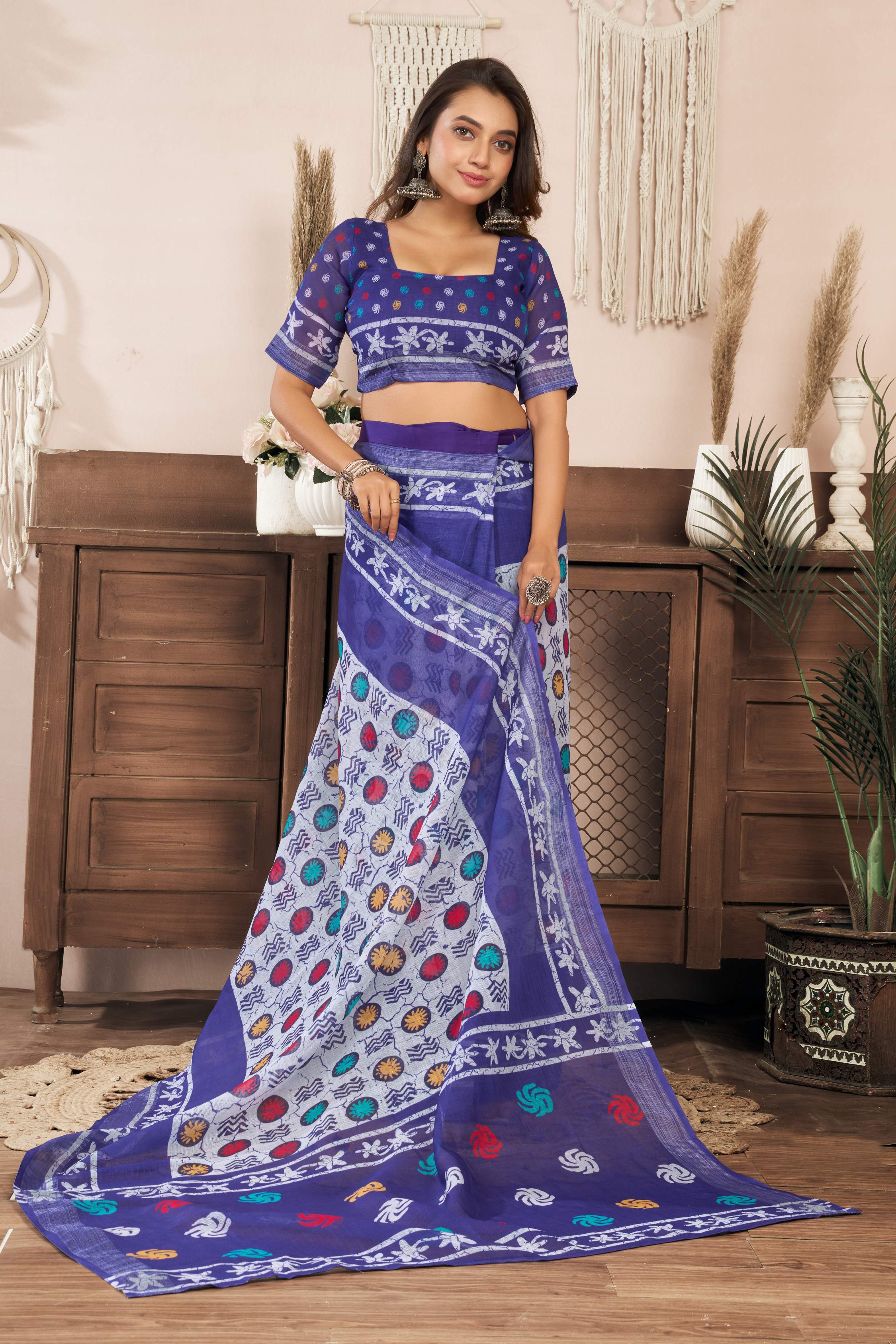 Dwija Fashion Blue Party Wear Printed Linen Ready To Wear Saree With Unstitched Blouse | Grocsy