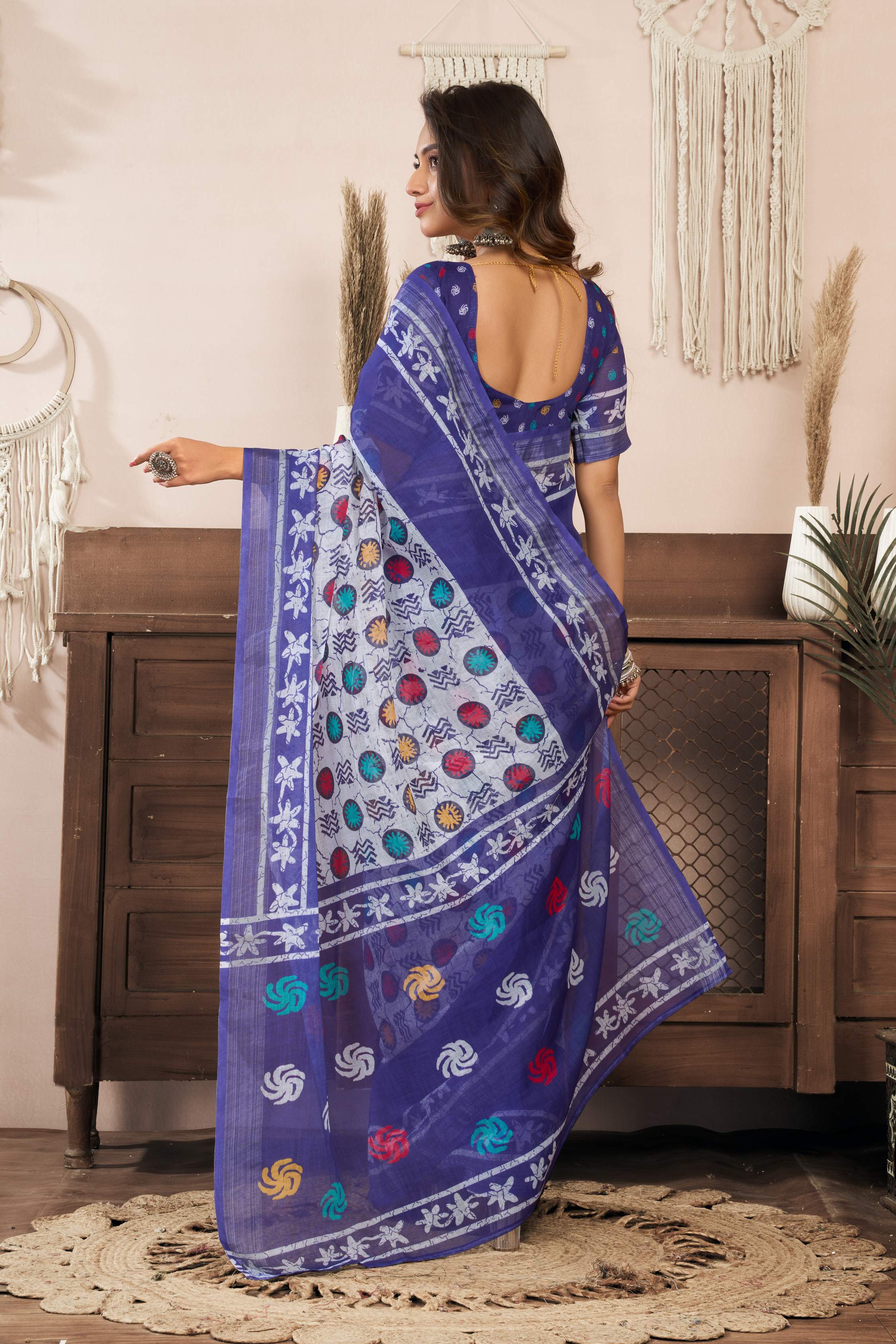 Dwija Fashion Blue Party Wear Printed Linen Ready To Wear Saree With Unstitched Blouse | Grocsy