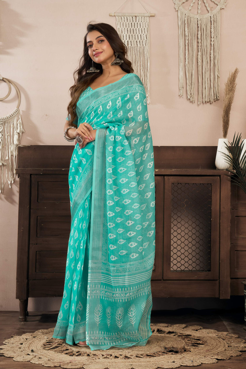 Dwija Fashion Turquoise Blue Party Wear Printed Linen Ready To Wear Saree With Unstitched Blouse | Grocsy