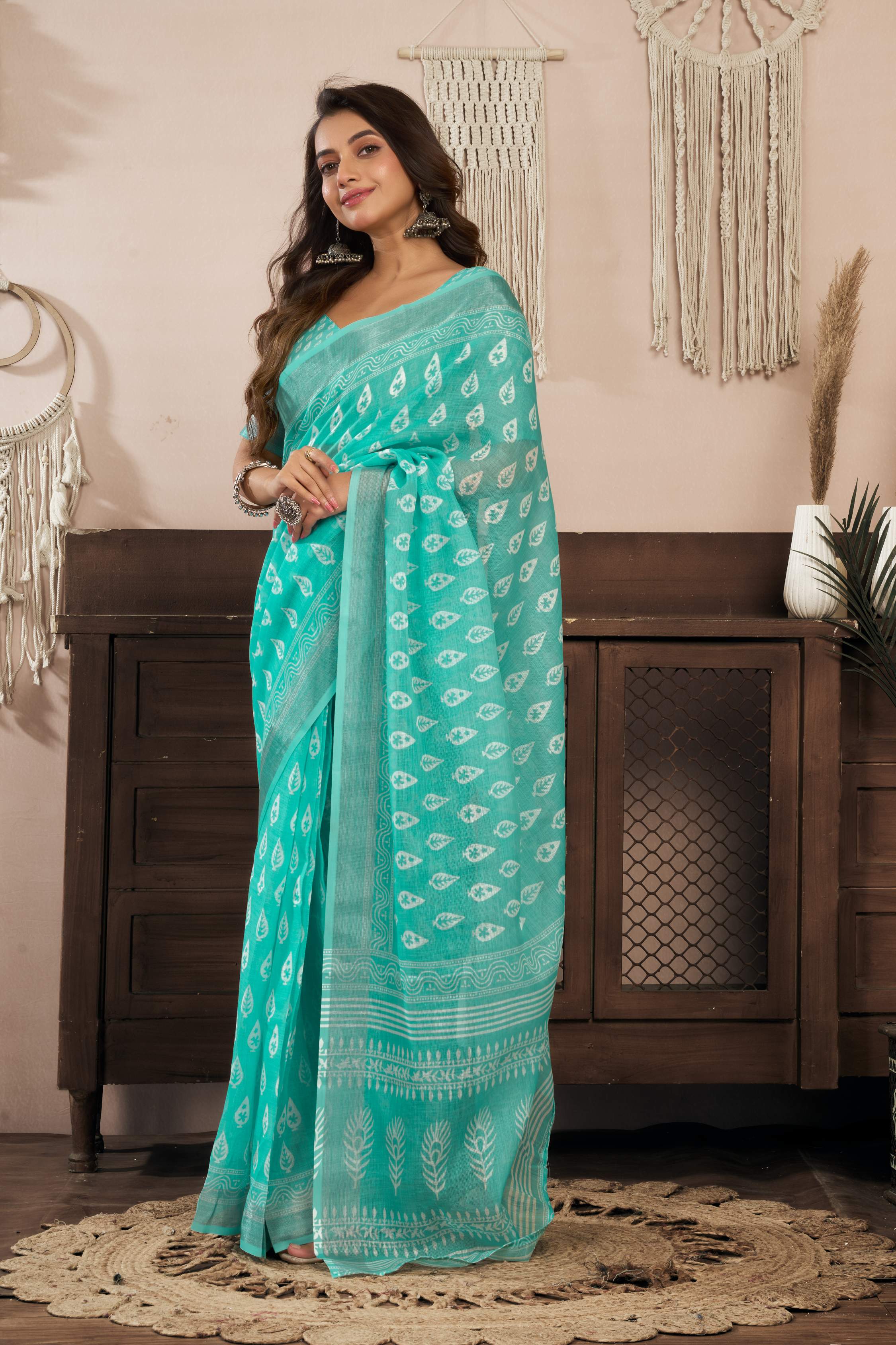Dwija Fashion Turquoise Blue Party Wear Printed Linen Ready To Wear Saree With Unstitched Blouse | Grocsy