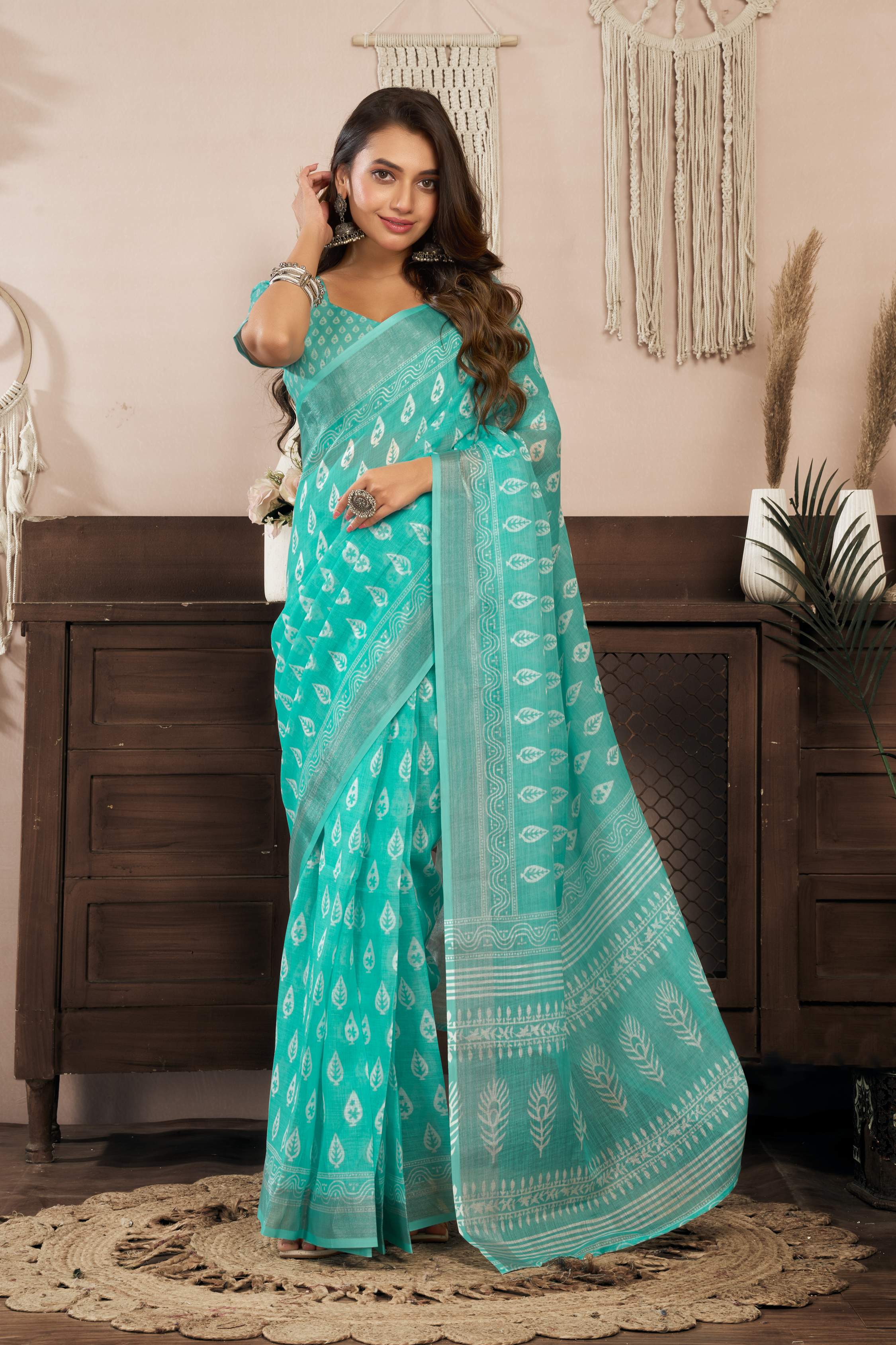 Dwija Fashion Turquoise Blue Party Wear Printed Linen Ready To Wear Saree With Unstitched Blouse | Grocsy