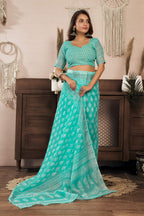 Dwija Fashion Turquoise Blue Party Wear Printed Linen Ready To Wear Saree With Unstitched Blouse | Grocsy