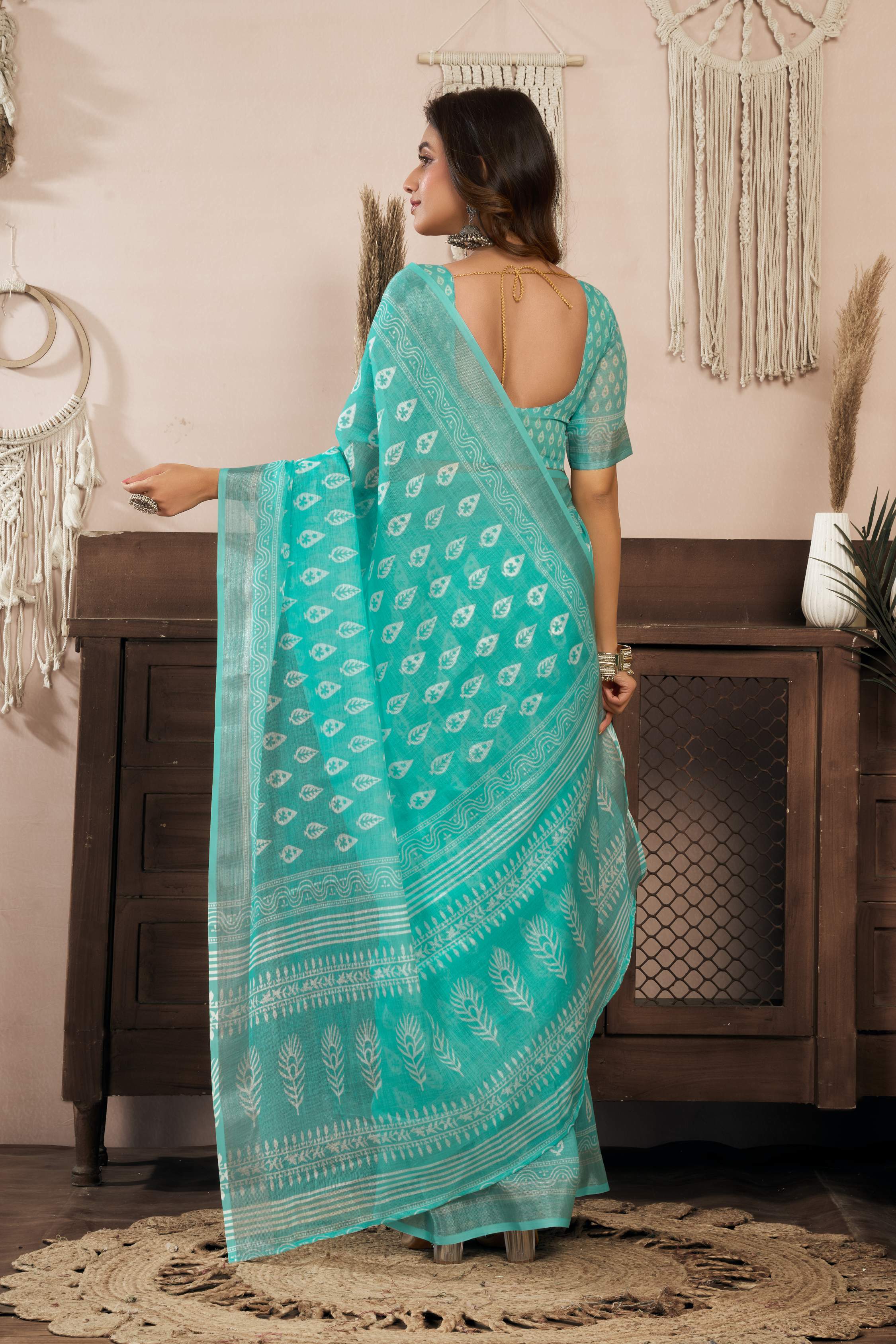 Dwija Fashion Turquoise Blue Party Wear Printed Linen Ready To Wear Saree With Unstitched Blouse | Grocsy