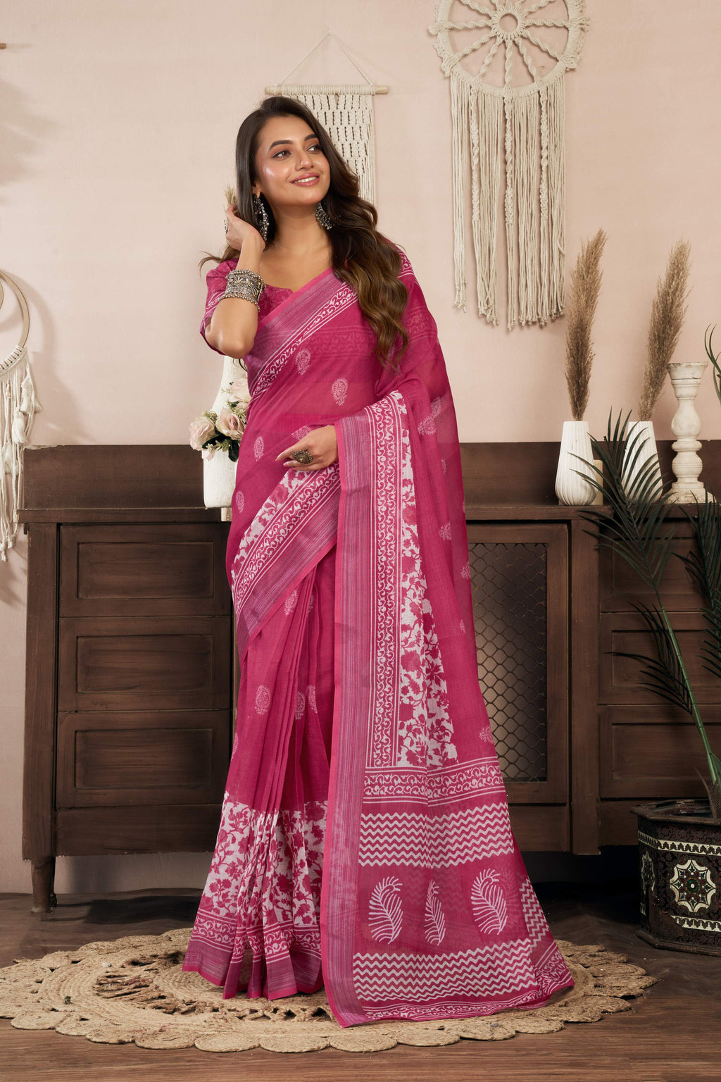 Dwija Fashion Pink Party Wear Printed Linen Ready To Wear Saree With Unstitched Blouse | Grocsy