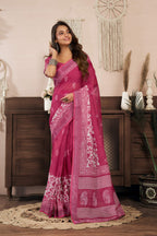 Dwija Fashion Pink Party Wear Printed Linen Ready To Wear Saree With Unstitched Blouse | Grocsy