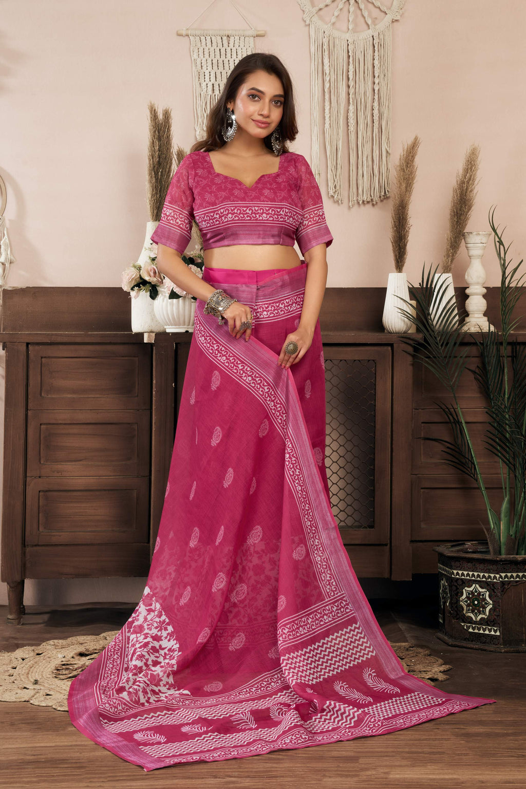 Dwija Fashion Pink Party Wear Printed Linen Ready To Wear Saree With Unstitched Blouse | Grocsy