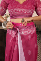 Dwija Fashion Pink Party Wear Printed Linen Ready To Wear Saree With Unstitched Blouse | Grocsy