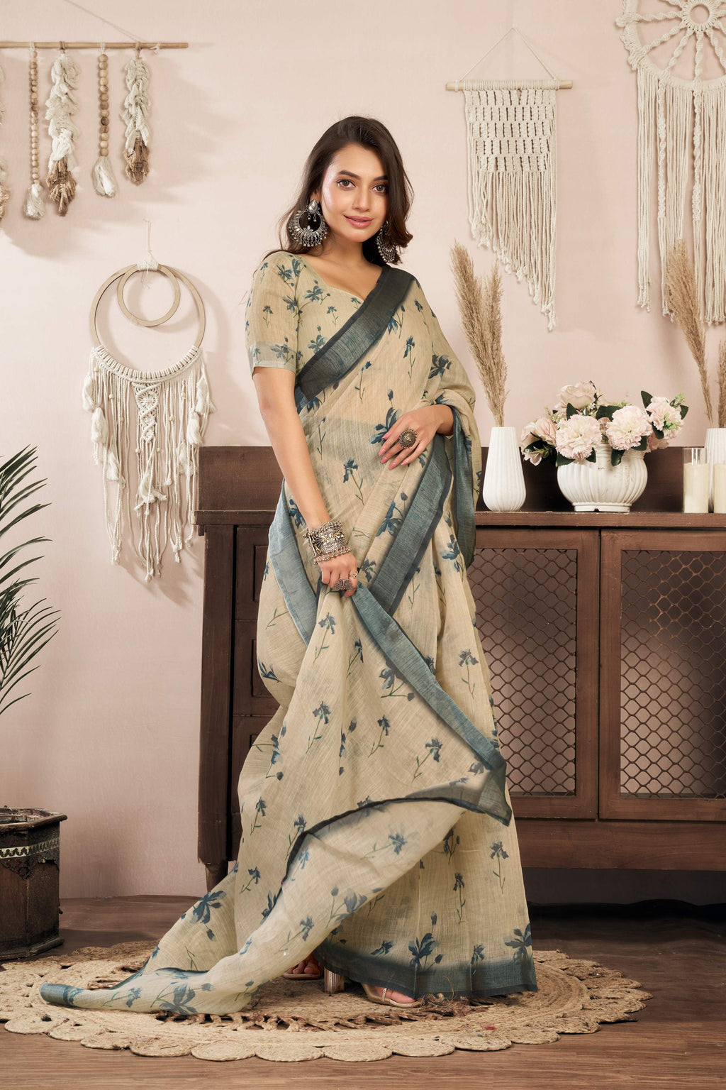 Dwija Fashion Off - White Party Wear Printed Linen Ready To Wear Saree With Unstitched Blouse | Grocsy