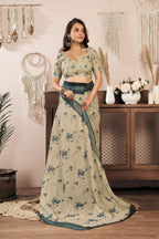 Dwija Fashion Off - White Party Wear Printed Linen Ready To Wear Saree With Unstitched Blouse | Grocsy
