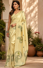 Dwija Fashion Yellow Party Wear Printed Linen Ready To Wear Saree With Unstitched Blouse | Grocsy