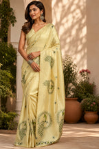 Dwija Fashion Yellow Party Wear Printed Linen Ready To Wear Saree With Unstitched Blouse | Grocsy
