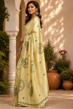 Dwija Fashion Yellow Party Wear Printed Linen Ready To Wear Saree With Unstitched Blouse | Grocsy